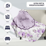 Pastel Purple Rose Floral Seamless Pattern Delicate Vintage  Personalised Custom Name Super Soft Fleece Blanket Bed Sofa Throw
