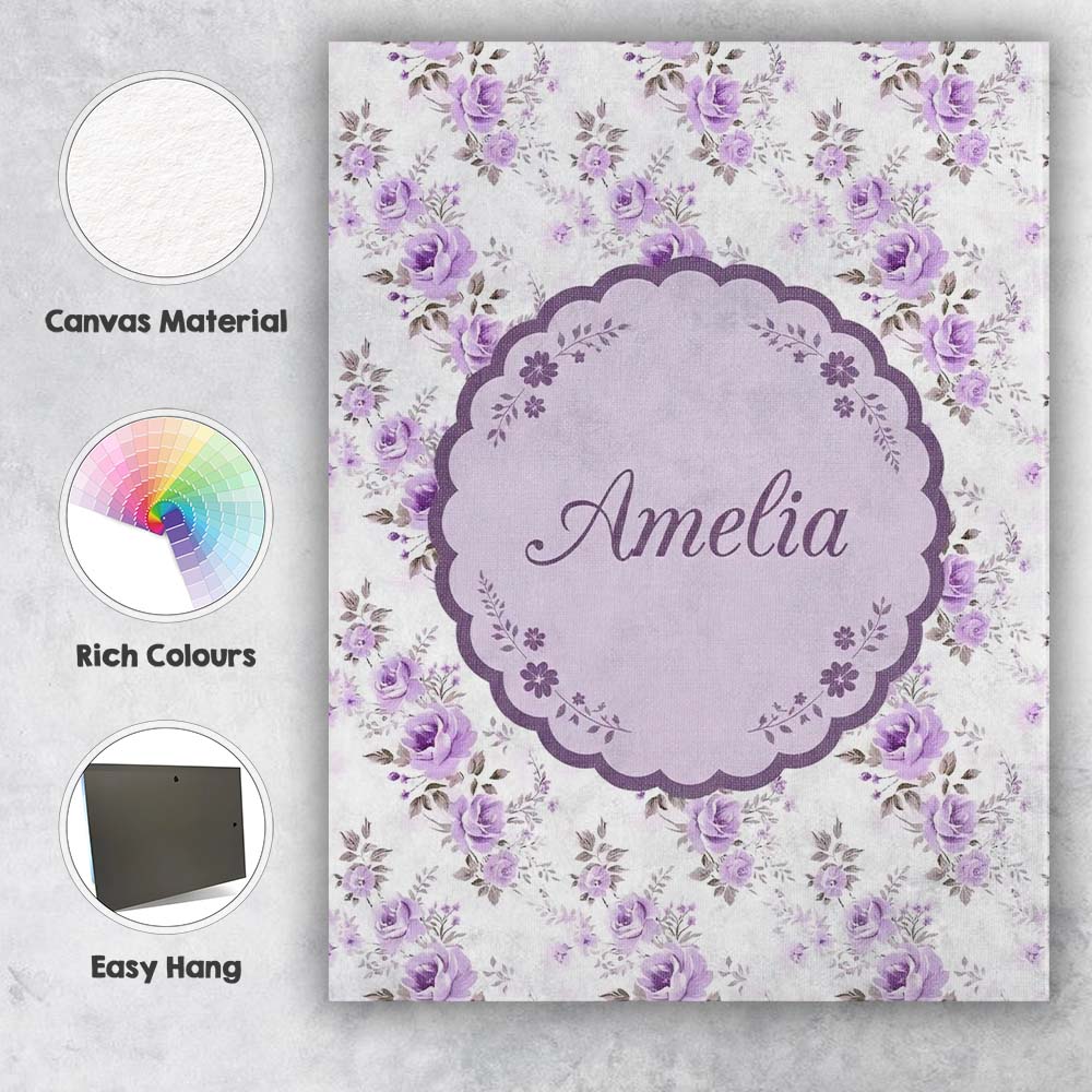 Personalised Name Pastel Purple Rose Floral Custom  Bespoke Interior Contemporary Canvas Wall Art Print Decor Picture Ready to Hang