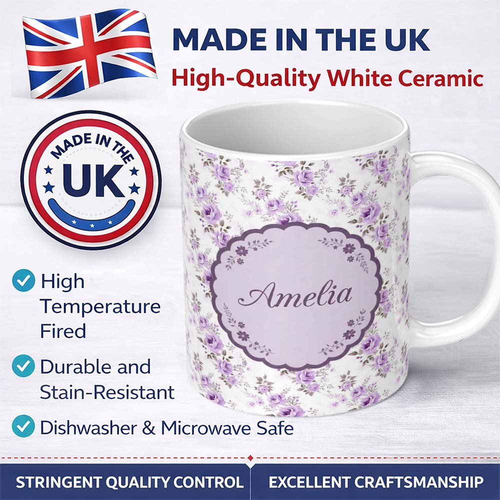 Personalized Custom Name Pastel Purple Rose Floral Seamless Pattern Delicate Vintage 11oz Ceramic Coffee Tea Mug White Large Handle