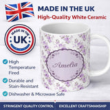 Personalized Custom Name Pastel Purple Rose Floral Seamless Pattern Delicate Vintage 11oz Ceramic Coffee Tea Mug White Large Handle