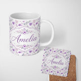 Personalized Custom Name Watercolor Purple Wildflower Seamless Pattern Soft Botanical Nature 11oz Ceramic Coffee Tea Mug White Large Handle