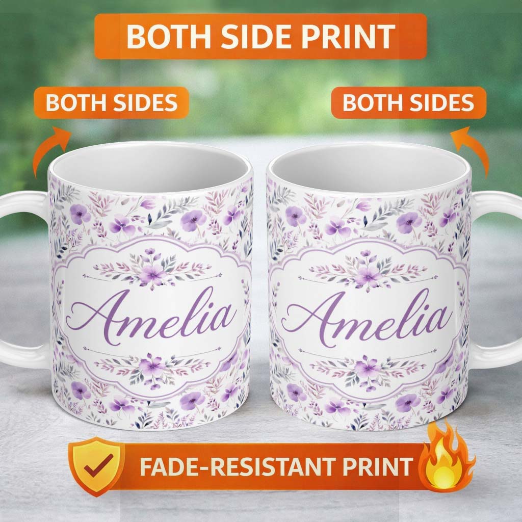 Personalized Custom Name Watercolor Purple Wildflower Seamless Pattern Soft Botanical Nature 11oz Ceramic Coffee Tea Mug White Large Handle