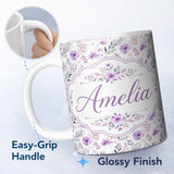 Personalized Custom Name Watercolor Purple Wildflower Seamless Pattern Soft Botanical Nature 11oz Ceramic Coffee Tea Mug White Large Handle