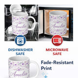 Personalized Custom Name Watercolor Purple Wildflower Seamless Pattern Soft Botanical Nature 11oz Ceramic Coffee Tea Mug White Large Handle