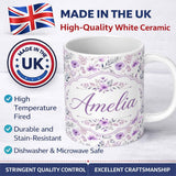 Personalized Custom Name Watercolor Purple Wildflower Seamless Pattern Soft Botanical Nature 11oz Ceramic Coffee Tea Mug White Large Handle