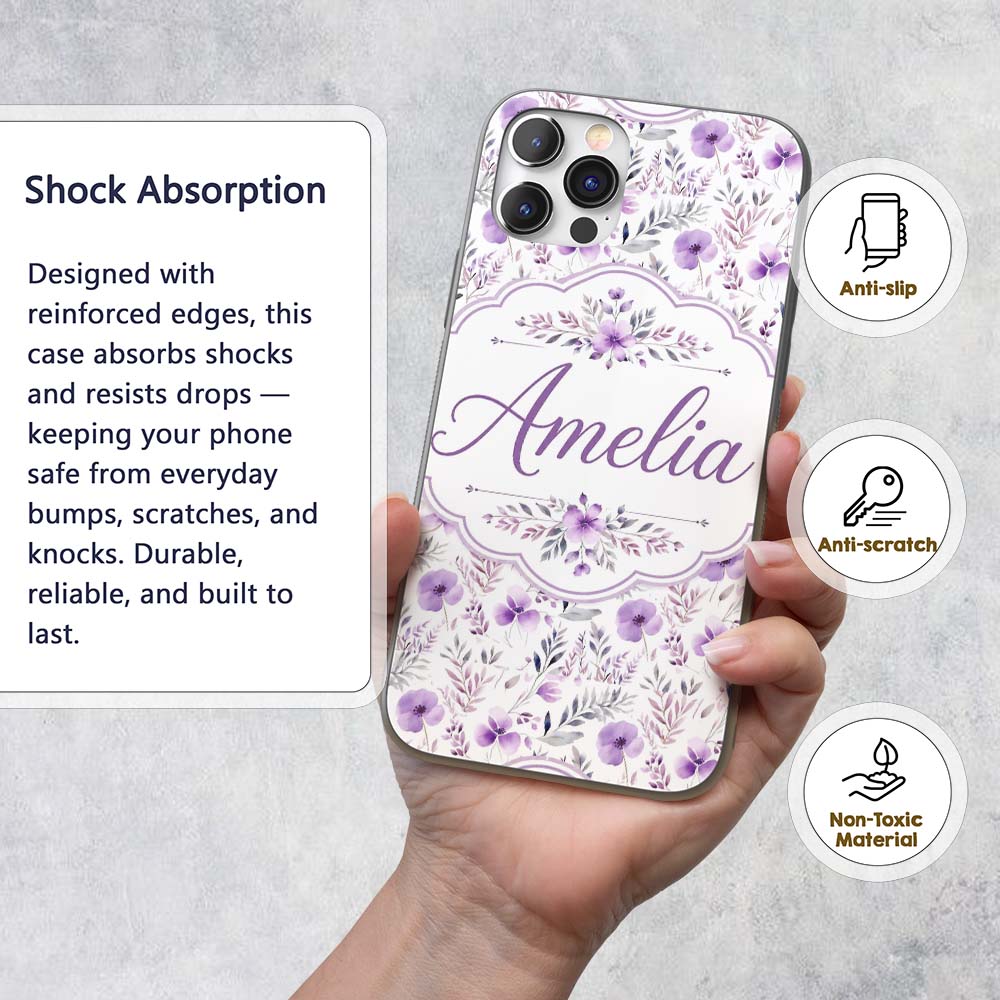 Watercolor Purple Wildflower Seamless Pattern Custom Name Protective Phone Case Mobile Cover Durable Everyday Smartphone Shock Resistant