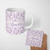 Personalized Custom Name Soft Lavender Feather Swirl Seamless Pattern Elegant Abstract 11oz Ceramic Coffee Tea Mug White Large Handle