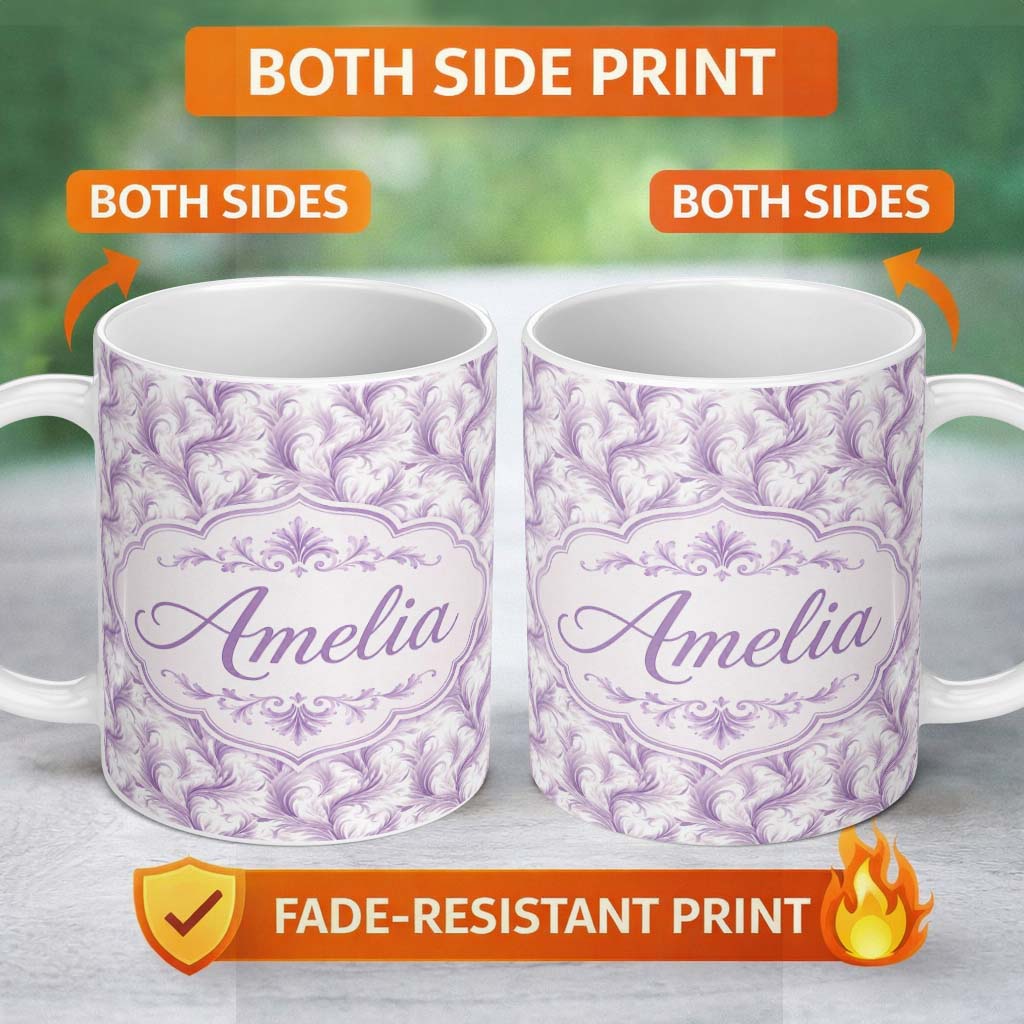 Personalized Custom Name Soft Lavender Feather Swirl Seamless Pattern Elegant Abstract 11oz Ceramic Coffee Tea Mug White Large Handle