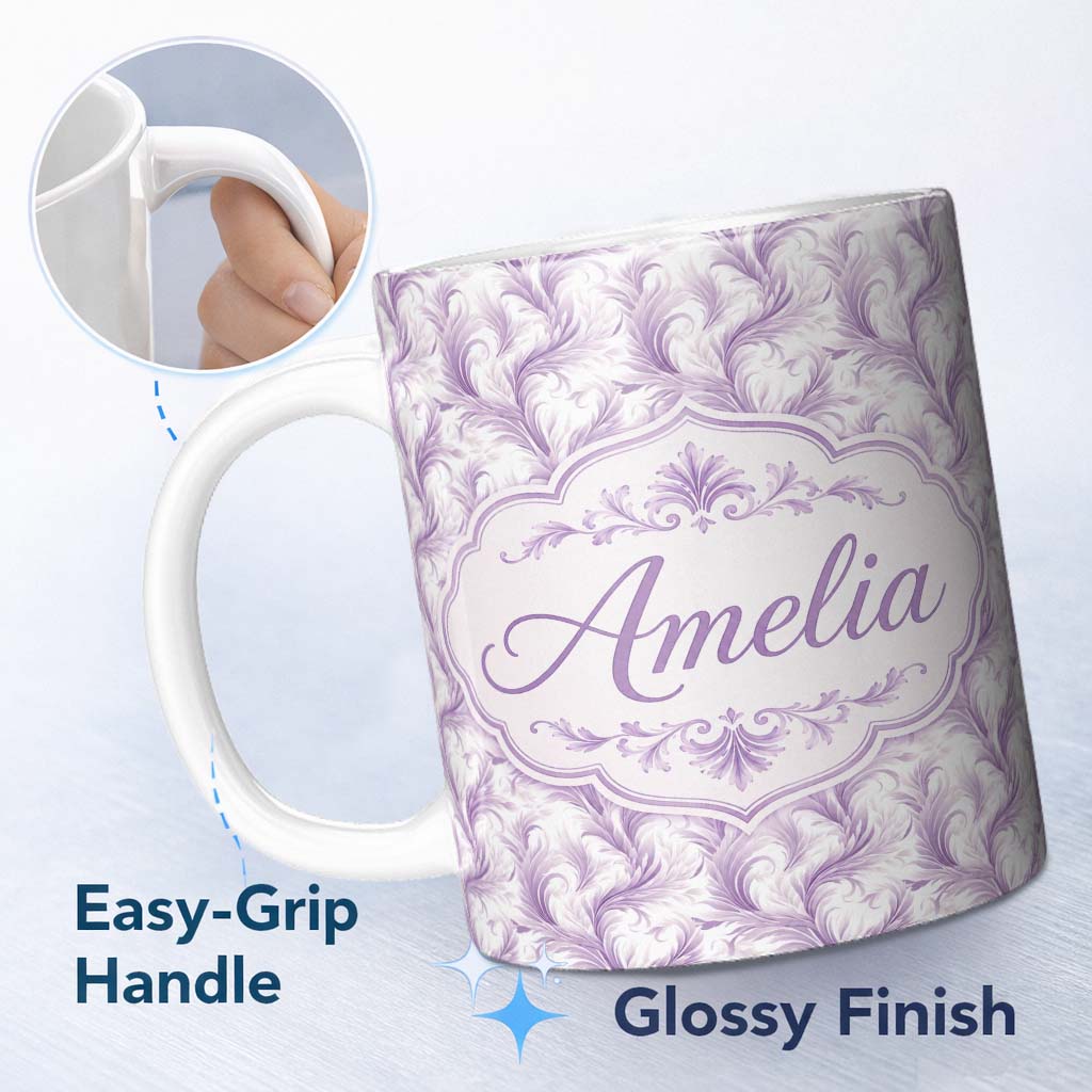 Personalized Custom Name Soft Lavender Feather Swirl Seamless Pattern Elegant Abstract 11oz Ceramic Coffee Tea Mug White Large Handle