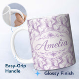 Personalized Custom Name Soft Lavender Feather Swirl Seamless Pattern Elegant Abstract 11oz Ceramic Coffee Tea Mug White Large Handle