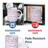 Personalized Custom Name Soft Lavender Feather Swirl Seamless Pattern Elegant Abstract 11oz Ceramic Coffee Tea Mug White Large Handle