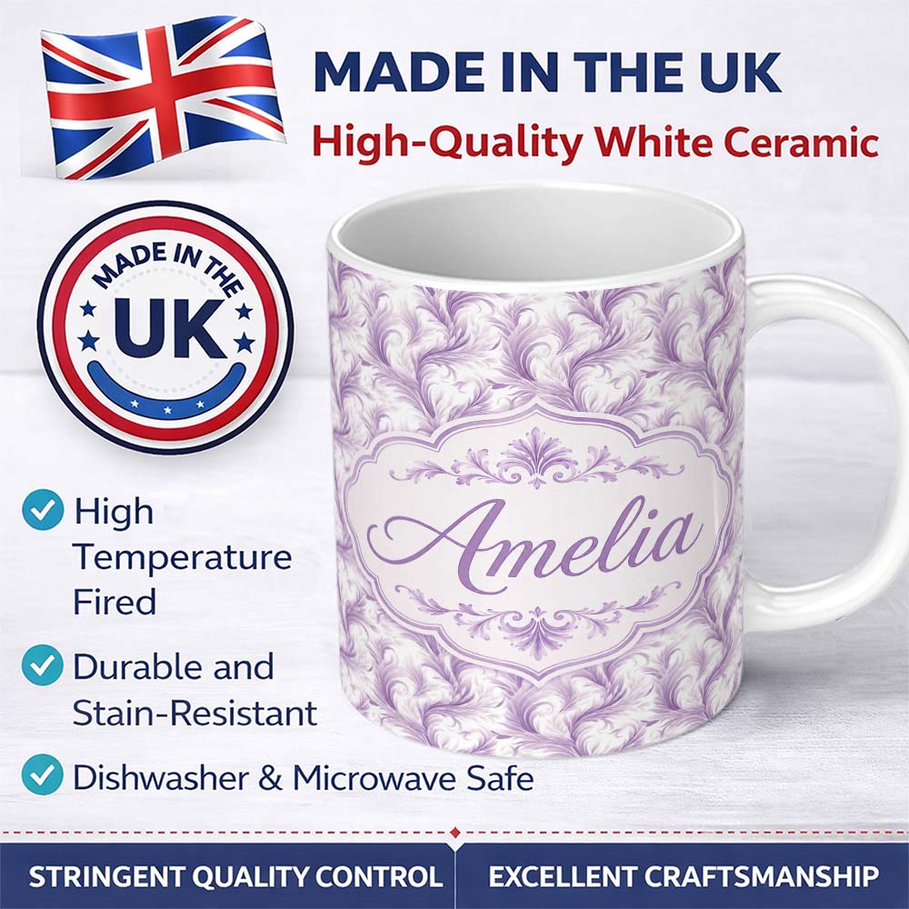 Personalized Custom Name Soft Lavender Feather Swirl Seamless Pattern Elegant Abstract 11oz Ceramic Coffee Tea Mug White Large Handle