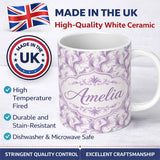 Personalized Custom Name Soft Lavender Feather Swirl Seamless Pattern Elegant Abstract 11oz Ceramic Coffee Tea Mug White Large Handle