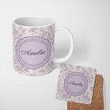 Personalized Custom Name Vintage Purple Small Floral Seamless Pattern Classic Delicate 11oz Ceramic Coffee Tea Mug White Large Handle