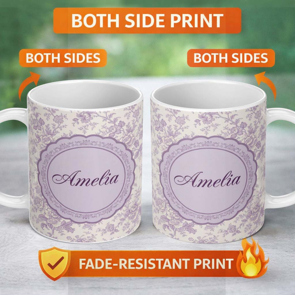 Personalized Custom Name Vintage Purple Small Floral Seamless Pattern Classic Delicate 11oz Ceramic Coffee Tea Mug White Large Handle
