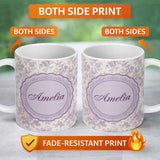 Personalized Custom Name Vintage Purple Small Floral Seamless Pattern Classic Delicate 11oz Ceramic Coffee Tea Mug White Large Handle