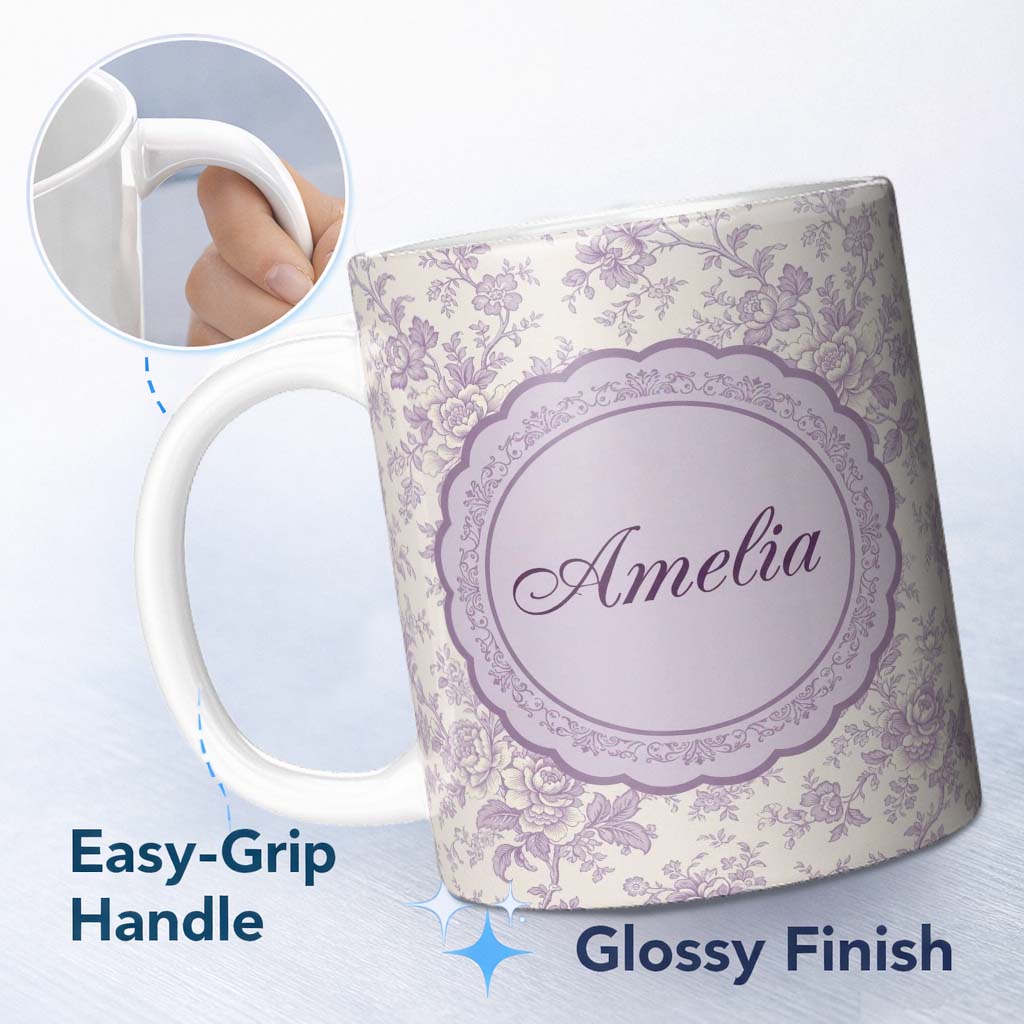 Personalized Custom Name Vintage Purple Small Floral Seamless Pattern Classic Delicate 11oz Ceramic Coffee Tea Mug White Large Handle