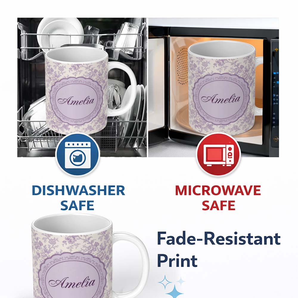 Personalized Custom Name Vintage Purple Small Floral Seamless Pattern Classic Delicate 11oz Ceramic Coffee Tea Mug White Large Handle