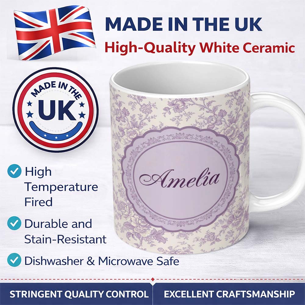 Personalized Custom Name Vintage Purple Small Floral Seamless Pattern Classic Delicate 11oz Ceramic Coffee Tea Mug White Large Handle