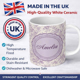Personalized Custom Name Vintage Purple Small Floral Seamless Pattern Classic Delicate 11oz Ceramic Coffee Tea Mug White Large Handle