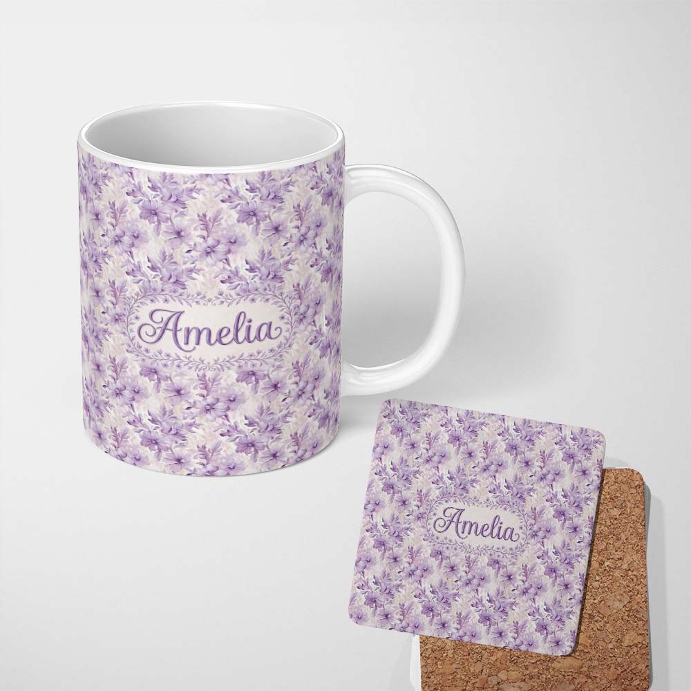 Personalized Custom Name Lavender Floral Blossom Seamless Pattern Elegant Watercolor 11oz Ceramic Coffee Tea Mug White Large Handle