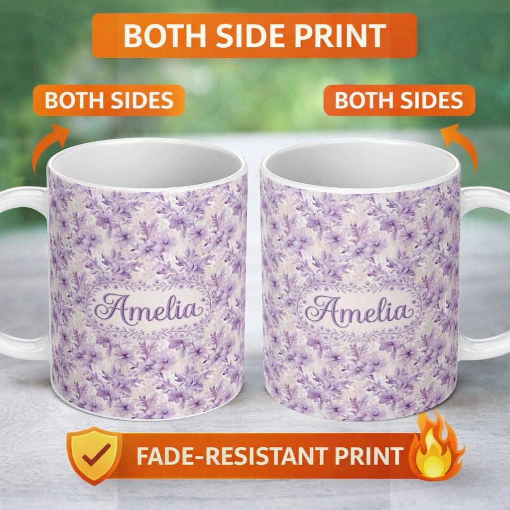 Personalized Custom Name Lavender Floral Blossom Seamless Pattern Elegant Watercolor 11oz Ceramic Coffee Tea Mug White Large Handle