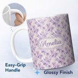 Personalized Custom Name Lavender Floral Blossom Seamless Pattern Elegant Watercolor 11oz Ceramic Coffee Tea Mug White Large Handle