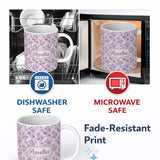 Personalized Custom Name Lavender Floral Blossom Seamless Pattern Elegant Watercolor 11oz Ceramic Coffee Tea Mug White Large Handle