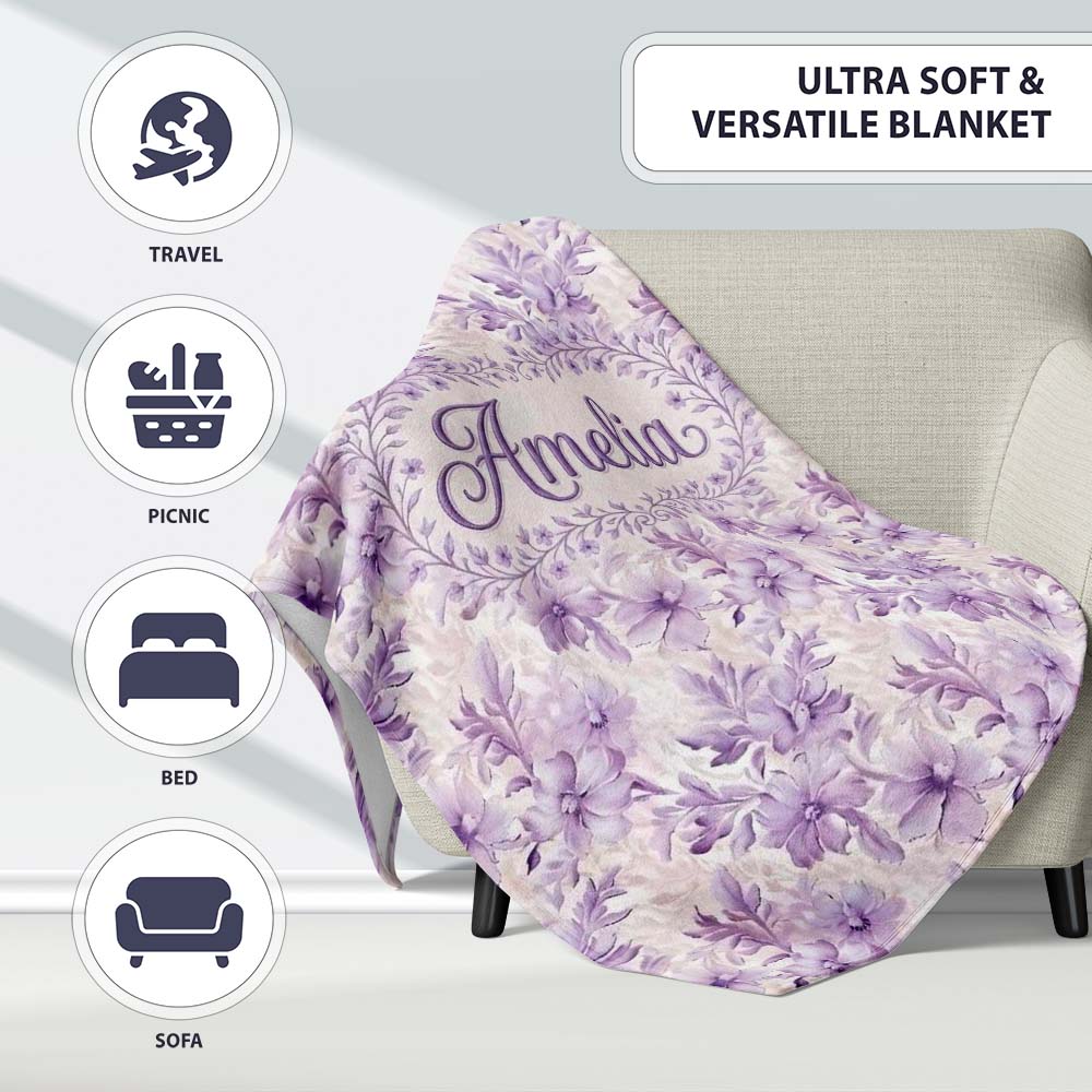 Lavender Floral Blossom Seamless Pattern Elegant Watercolor  Personalised Custom Name Super Soft Fleece Blanket Bed Sofa Throw