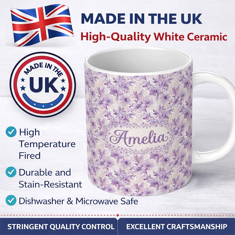 Personalized Custom Name Lavender Floral Blossom Seamless Pattern Elegant Watercolor 11oz Ceramic Coffee Tea Mug White Large Handle