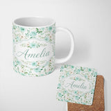 Personalized Custom Name Mint Green Rose Floral Seamless Pattern Soft Watercolor Botanical 11oz Ceramic Coffee Tea Mug White Large Handle