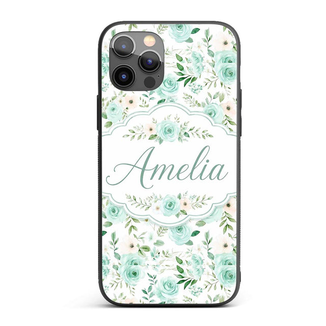 Mint Green Rose Floral Seamless Pattern Soft Custom Name Protective Phone Case Mobile Cover Durable Everyday Smartphone Shock Resistant