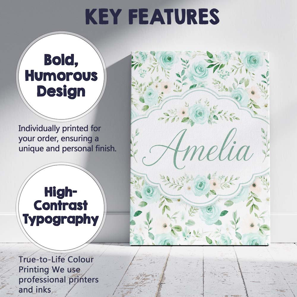 Personalised Name Mint Green Rose Floral Custom  Unique Gift Idea Elegant Feature Canvas Wall Art Print Decor Picture Ready to Hang