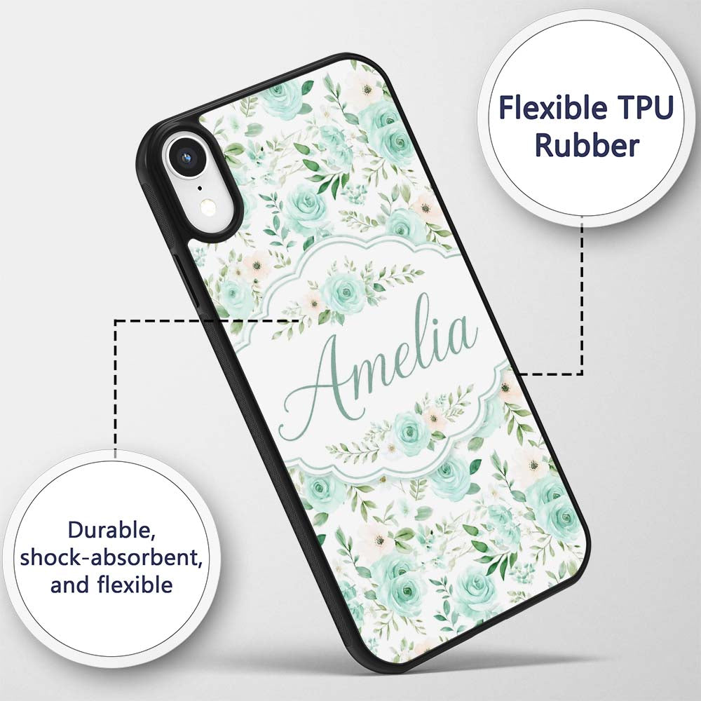Mint Green Rose Floral Seamless Pattern Soft Custom Name Protective Phone Case Mobile Cover Durable Everyday Smartphone Shock Resistant