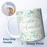 Personalized Custom Name Mint Green Rose Floral Seamless Pattern Soft Watercolor Botanical 11oz Ceramic Coffee Tea Mug White Large Handle