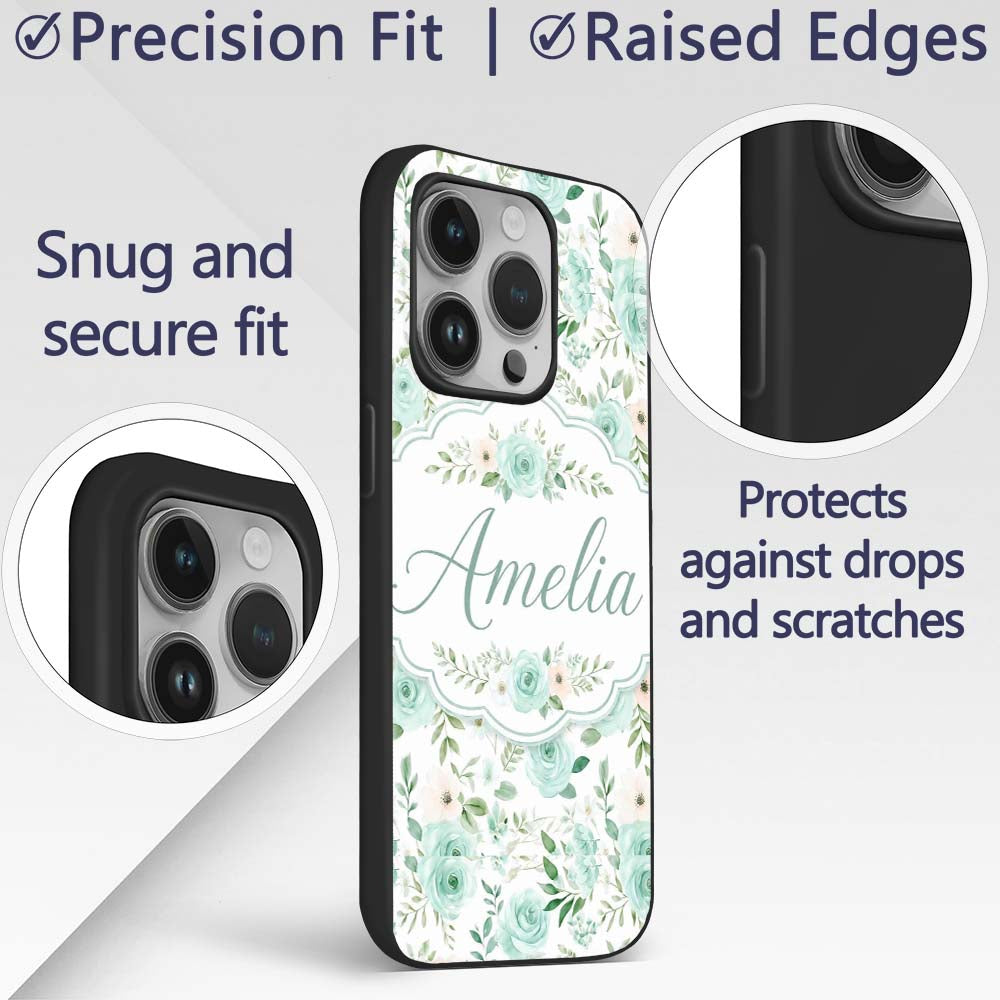 Mint Green Rose Floral Seamless Pattern Soft Custom Name Protective Phone Case Mobile Cover Durable Everyday Smartphone Shock Resistant