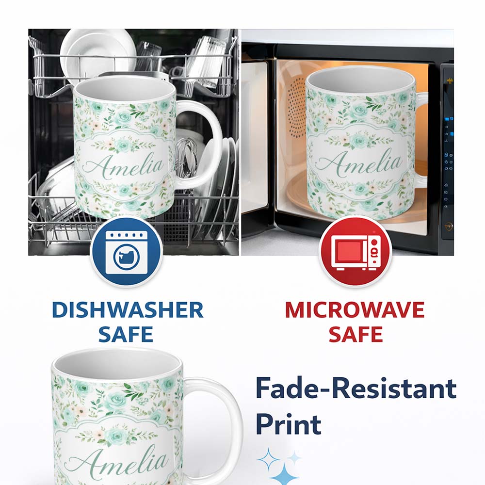 Personalized Custom Name Mint Green Rose Floral Seamless Pattern Soft Watercolor Botanical 11oz Ceramic Coffee Tea Mug White Large Handle