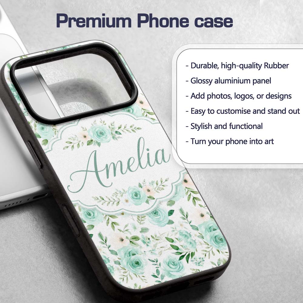 Mint Green Rose Floral Seamless Pattern Soft Custom Name Protective Phone Case Mobile Cover Durable Everyday Smartphone Shock Resistant