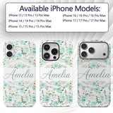 Mint Green Rose Floral Seamless Pattern Soft Custom Name Protective Phone Case Mobile Cover Durable Everyday Smartphone Shock Resistant