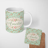 Personalized Custom Name Vintage Pink Rose Floral Seamless Pattern Pastel Garden Botanical 11oz Ceramic Coffee Tea Mug White Large Handle