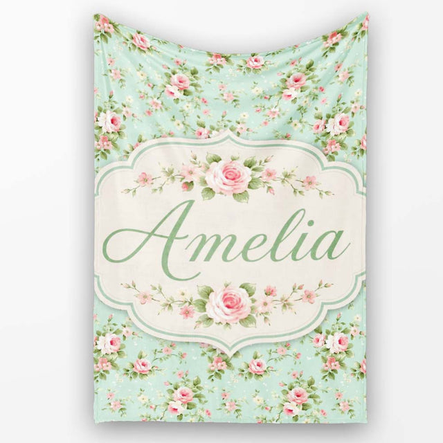 Vintage Pink Rose Floral Seamless Pattern Pastel Garden Botanical  Personalised Custom Name Super Soft Fleece Blanket Bed Sofa Throw