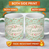 Personalized Custom Name Vintage Pink Rose Floral Seamless Pattern Pastel Garden Botanical 11oz Ceramic Coffee Tea Mug White Large Handle