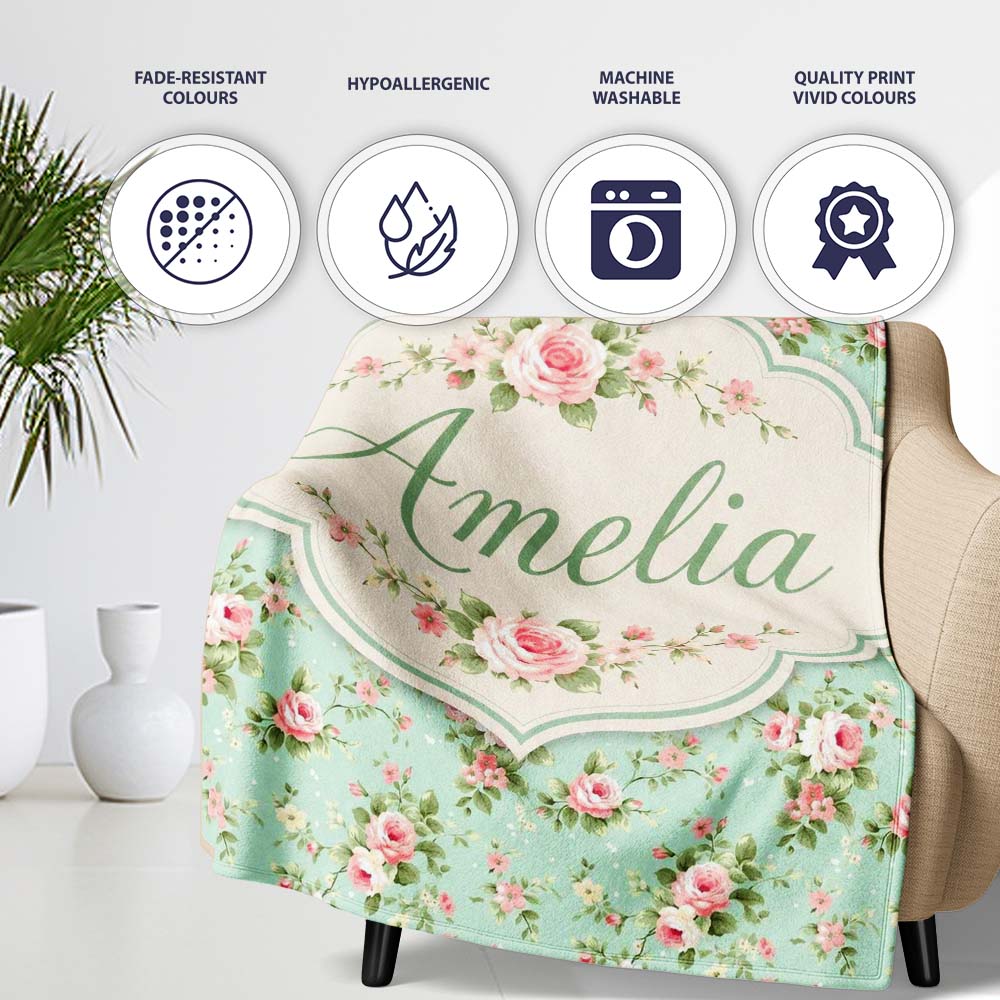 Vintage Pink Rose Floral Seamless Pattern Pastel Garden Botanical  Personalised Custom Name Super Soft Fleece Blanket Bed Sofa Throw