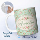 Personalized Custom Name Vintage Pink Rose Floral Seamless Pattern Pastel Garden Botanical 11oz Ceramic Coffee Tea Mug White Large Handle