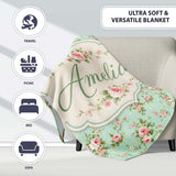 Vintage Pink Rose Floral Seamless Pattern Pastel Garden Botanical  Personalised Custom Name Super Soft Fleece Blanket Bed Sofa Throw