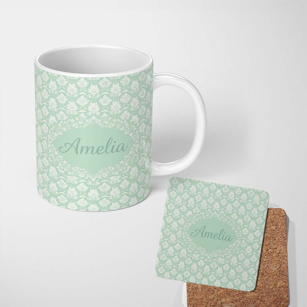 Personalized Custom Name Mint Damask Floral Seamless Pattern Elegant Vintage Ornamental 11oz Ceramic Coffee Tea Mug White Large Handle