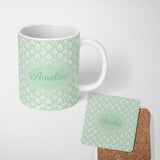 Personalized Custom Name Mint Damask Floral Seamless Pattern Elegant Vintage Ornamental 11oz Ceramic Coffee Tea Mug White Large Handle
