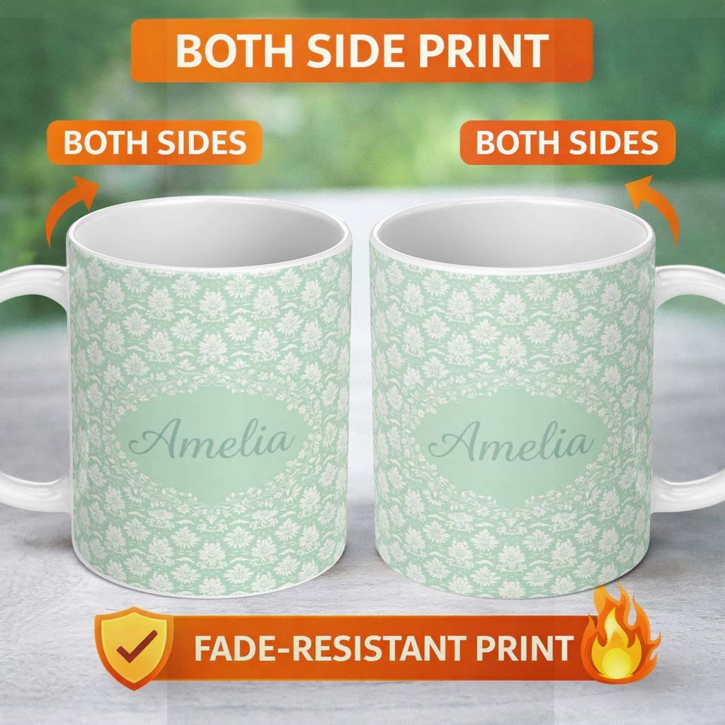 Personalized Custom Name Mint Damask Floral Seamless Pattern Elegant Vintage Ornamental 11oz Ceramic Coffee Tea Mug White Large Handle