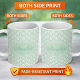 Personalized Custom Name Mint Damask Floral Seamless Pattern Elegant Vintage Ornamental 11oz Ceramic Coffee Tea Mug White Large Handle