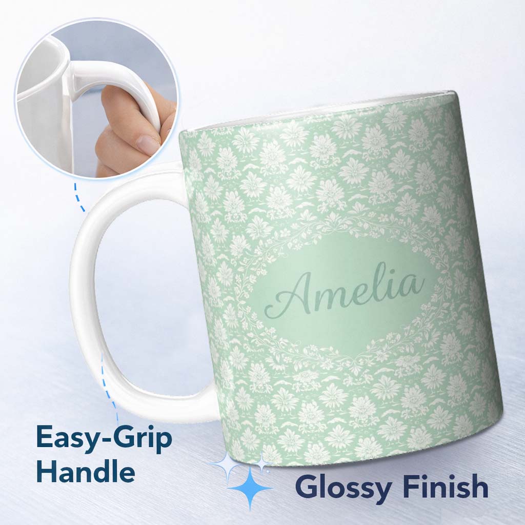 Personalized Custom Name Mint Damask Floral Seamless Pattern Elegant Vintage Ornamental 11oz Ceramic Coffee Tea Mug White Large Handle